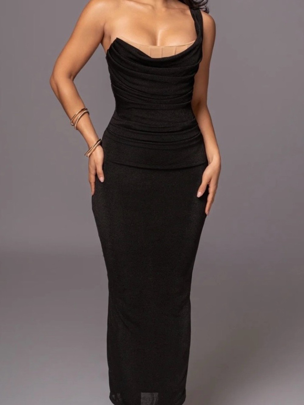 JLUXLABEL Black One-Shoulder Draped Maxi Dress
